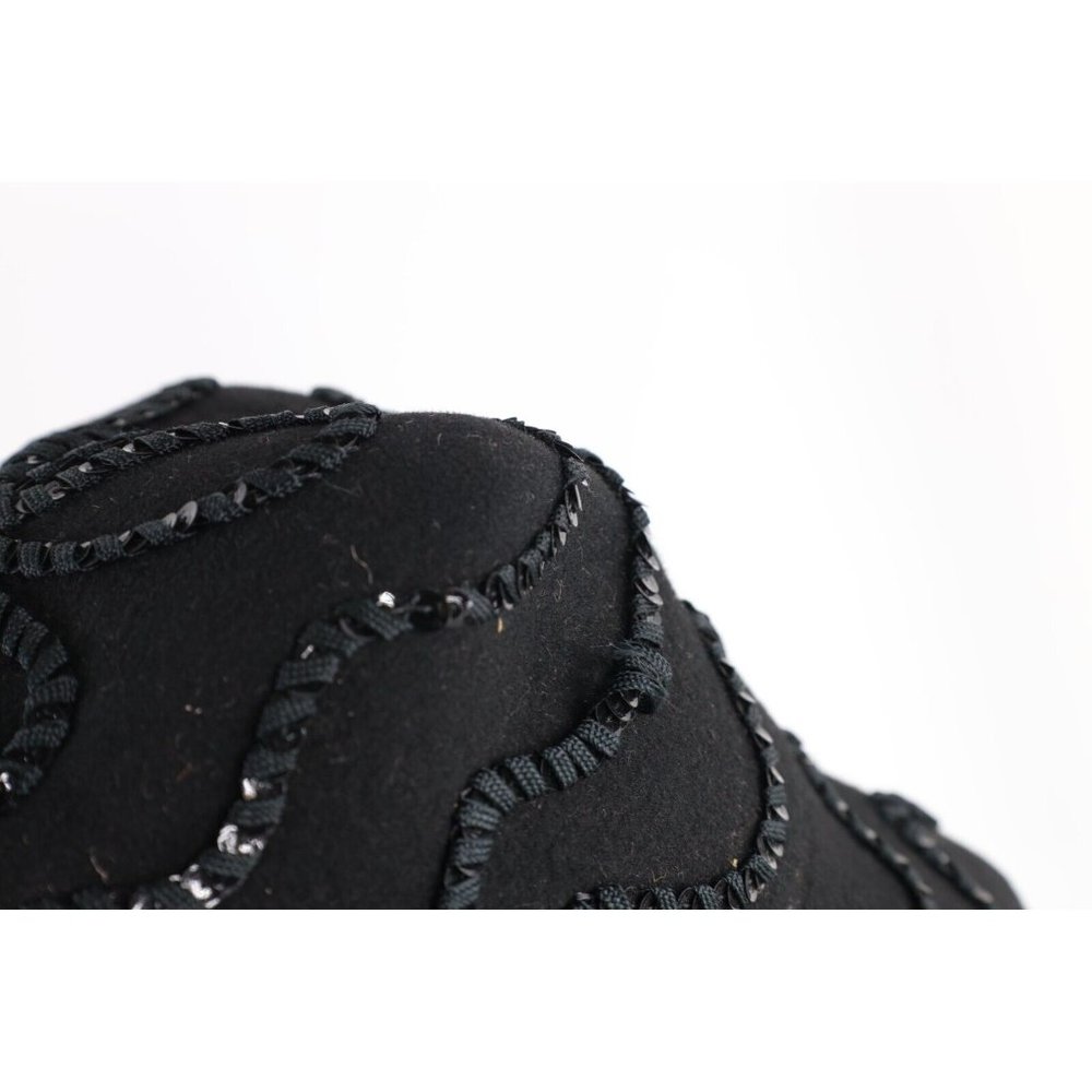 Vintage 50s Rockabilly Wool Felt Sequined Flower Bucket Hat Cap Black Womens USA - Picture 7 of 9